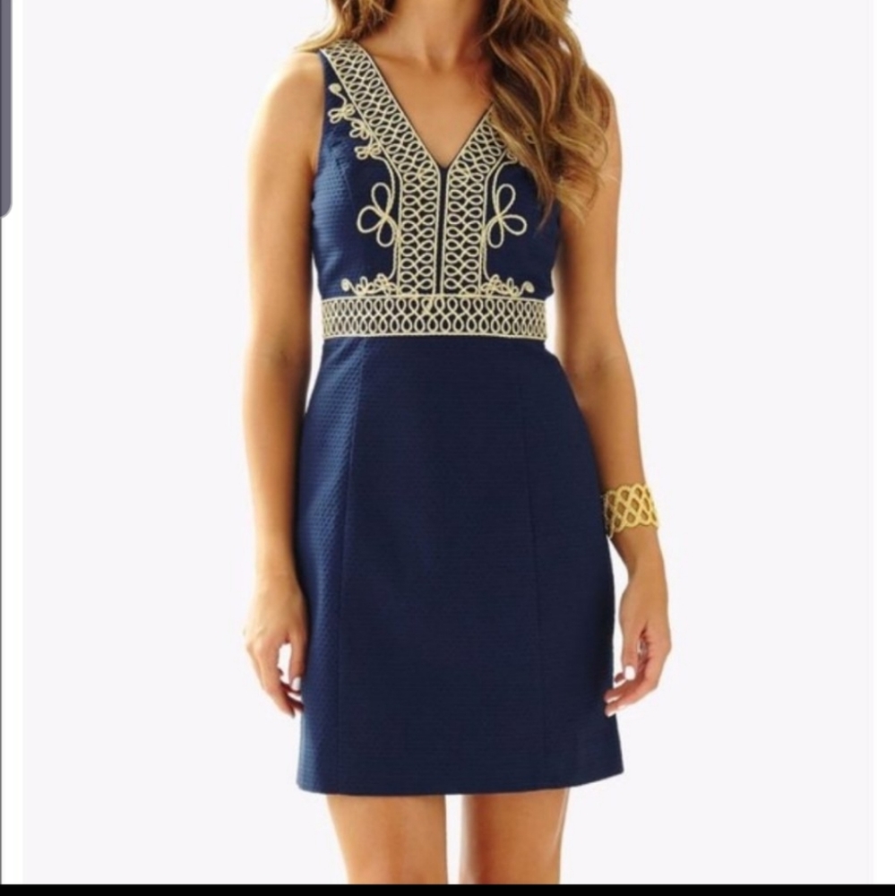 Lilly Pulitzer  Aveline gold rope  v-neck navy blue dress